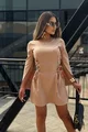Rochie Scurta de Dama, din Bistrech, Cu Maneci Lungi Crapate si Siret pe Lateral, Tallyana, Cappuccino