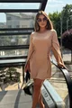 Rochie Scurta de Dama, din Bistrech, Cu Maneci Lungi Crapate si Siret pe Lateral, Tallyana, Cappuccino