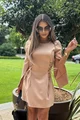 Rochie Scurta de Dama, din Bistrech, Cu Maneci Lungi Crapate si Siret pe Lateral, Tallyana, Cappuccino