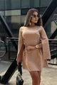 Rochie Scurta de Dama, din Bistrech, Cu Maneci Lungi Crapate si Siret pe Lateral, Tallyana, Cappuccino