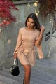 Rochie Scurta de Dama, din Bistrech, Cu Maneci Lungi Crapate si Siret pe Lateral, Tallyana, Cappuccino