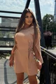 Rochie Scurta de Dama, din Bistrech, Cu Maneci Lungi Crapate si Siret pe Lateral, Tallyana, Cappuccino