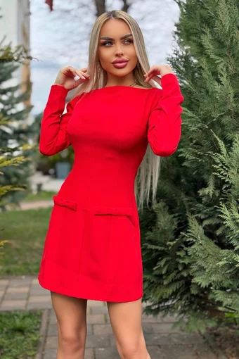 Rochie Scurta de Dama, din Bistrech, Cu Maneci Lungi si Accesorizata cu Fundite , Valenntin, Rosie