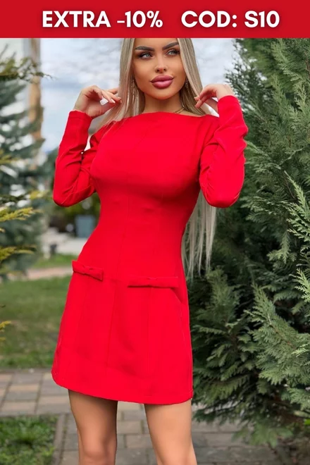 Rochie Scurta de Dama, din Bistrech, Cu Maneci Lungi si Accesorizata cu Fundite , Valenntin, Rosie
