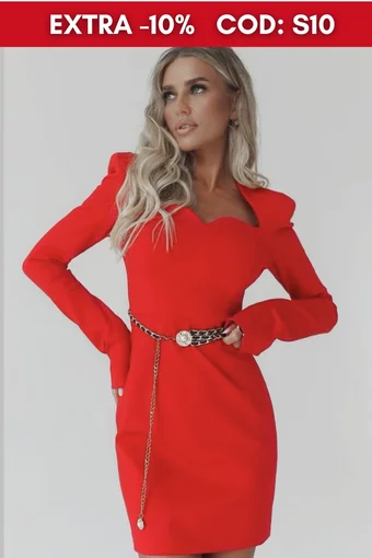 Rochie Scurta de Dama, din Bistrech, Cu Maneci Lungi si Decolteu Contur pe Sani, Valentinn, Rosie