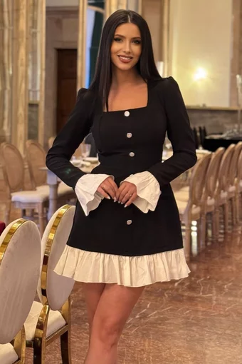 Rochie Scurta de Dama, din Bistrech, cu Maneci Lungi si Poplin Alb, Boss, Neagra