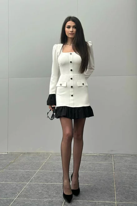Rochie Scurta de Dama, din Bistrech, cu Maneci Lungi si Poplin Negru, Louder, Alba