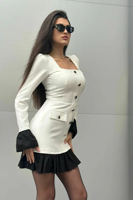 Rochie Scurta de Dama, din Bistrech, cu Maneci Lungi si Poplin Negru, Louder, Alba
