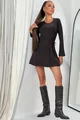 Rochie Scurta de Dama, din Bistrech, Cu Maneci Lungi Tip Clopot si Siret pe Lateral, Freya, Neagra