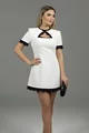 Rochie Scurta de Dama, din Bistrech, cu Maneci Scurte si Accesorizata cu Danatela Neagra, Seleccta, Alba