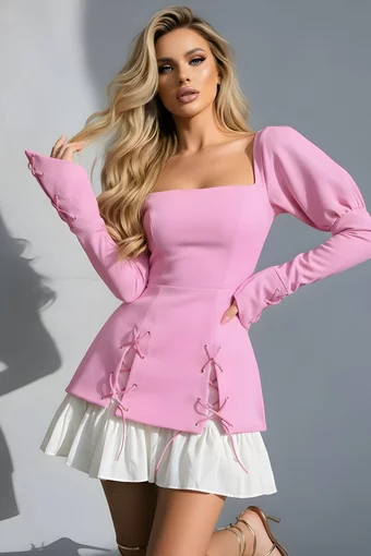 Rochie Scurta de Dama, din Bistrech, cu Poplin Alb si Maneci Lungi, Kallysa, Roz