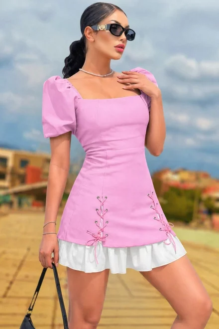 Rochie Scurta de Dama, din Bistrech, cu Poplin Alb si Maneci Scurte, Alleinna, Roz