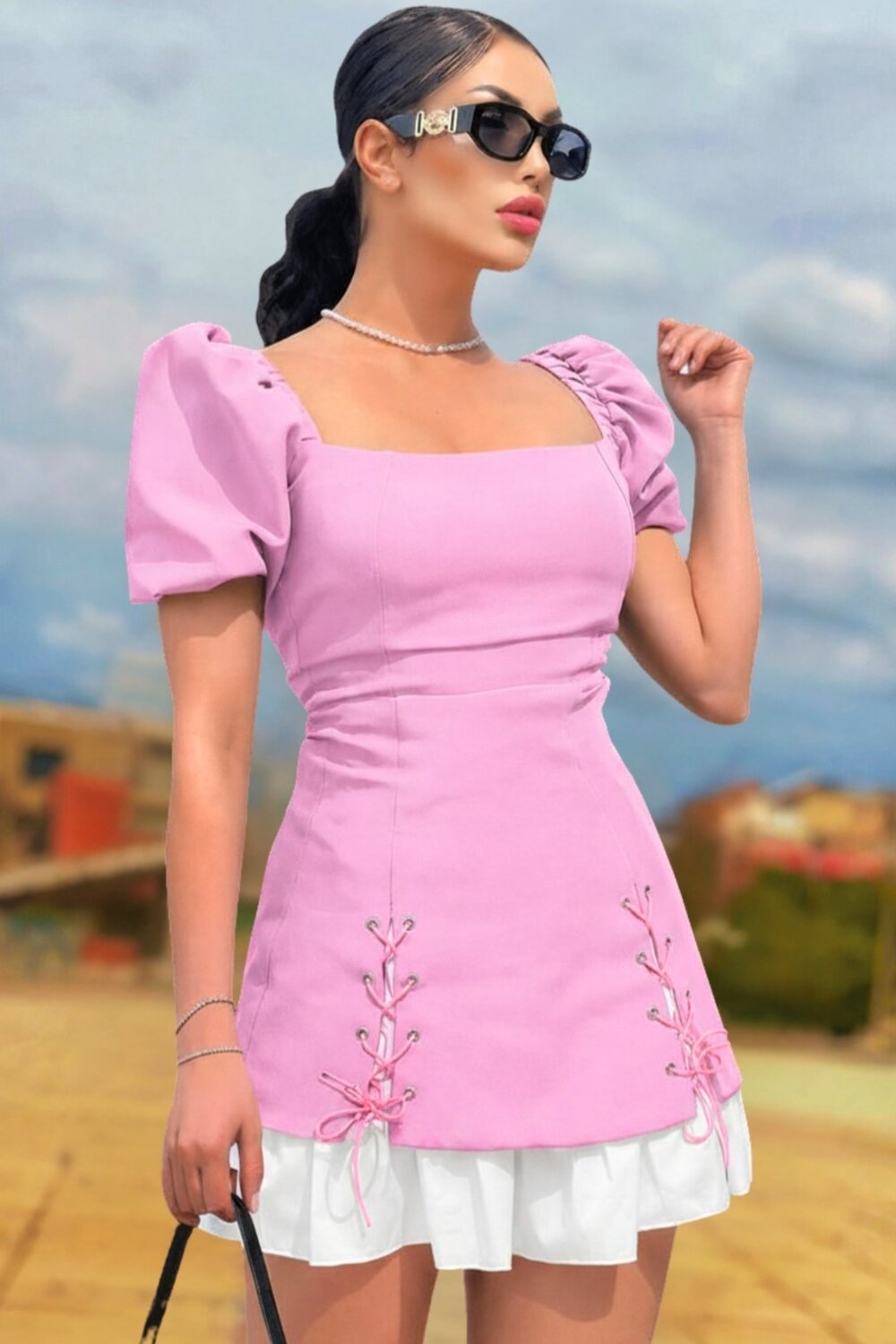 FOGGI Rochie Scurta De Dama, Din Bistrech, Cu Poplin Alb Si Maneci Scurte, Alleinna, Roz