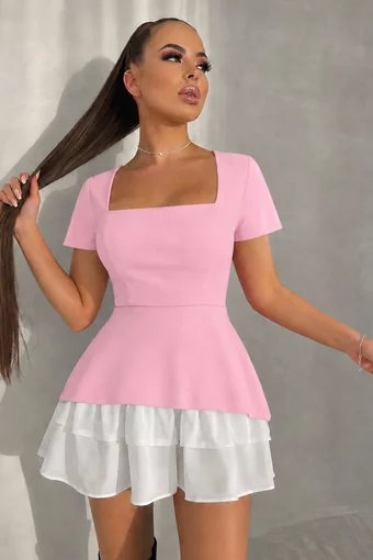 Rochie Scurta de Dama, din Bistrech, cu Poplin Alb si Maneci Scurte, Sayonarra, Roz