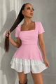 Rochie Scurta de Dama, din Bistrech, cu Poplin Alb si Maneci Scurte, Sayonarra, Roz