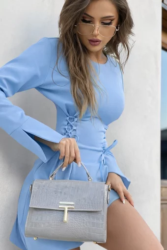 Rochie Scurta de Dama, din Bistrech, cu Snururi Reglabile si Maneci Lungi Crapate, Azzurra, Bleu