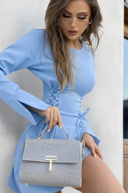 Rochie Scurta de Dama, din Bistrech, cu Snururi Reglabile si Maneci Lungi Crapate, Azzurra, Bleu