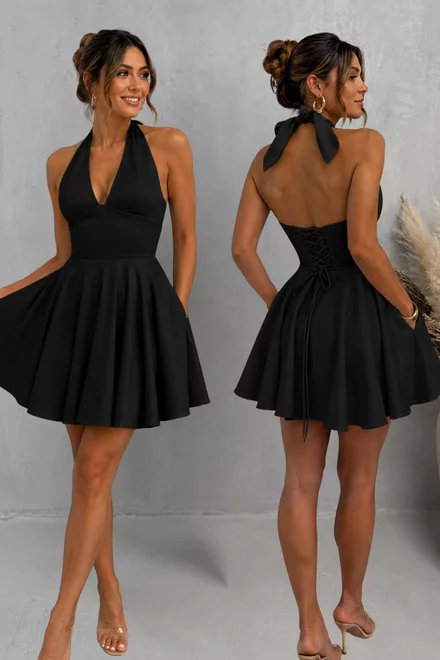 Rochie Scurta de Dama, din Bistrech, cu Spate Gol si Siret Reglabil, Danussia, Neagra