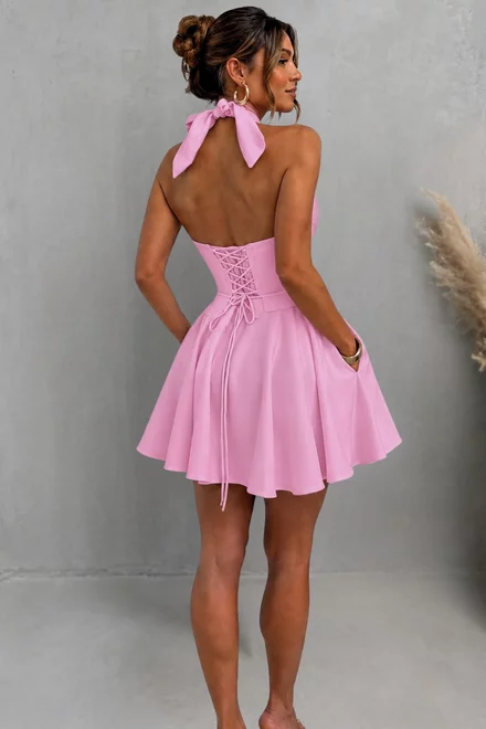 Rochie Scurta de Dama, din Bistrech, cu Spate Gol si Siret Reglabil, Nostra, Roz