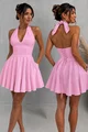 Rochie Scurta de Dama, din Bistrech, cu Spate Gol si Siret Reglabil, Nostra, Roz