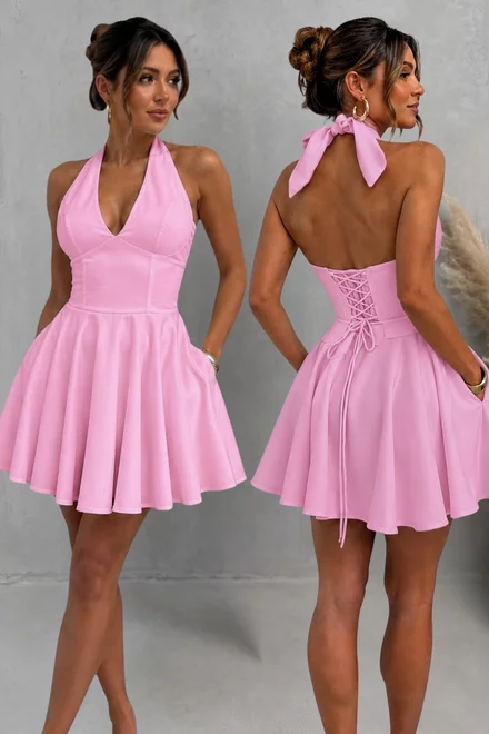 Rochie Scurta de Dama, din Bistrech, cu Spate Gol si Siret Reglabil, Nostra, Roz