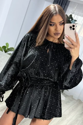 Rochie Scurta de Dama, din Catifea cu Glitter si Fusta Pantalon, Samantha, Neagra