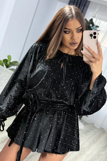 Rochie Scurta de Dama, din Catifea cu Glitter si Fusta Pantalon, Samantha, Neagra