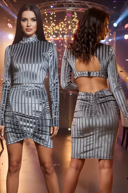 Rochie Scurta de Dama, din Catifea, cu Spate Gol, Silence, Gri