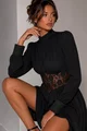 Rochie Scurta de Dama, din Crep Elastic, cu Brau din Dantela si Maneci Lungi, Darys, Neagra