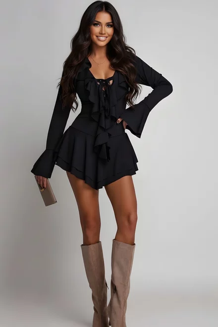 Rochie Scurta de Dama, din Crep Elastic, cu Maneci Lungi si Accesorizata cu Volane, Charme, Neagra