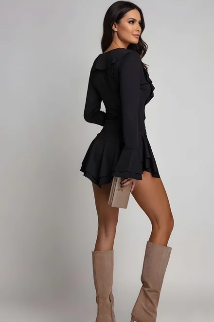 Rochie Scurta de Dama, din Crep Elastic, cu Maneci Lungi si Accesorizata cu Volane, Charme, Neagra