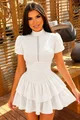 Rochie Scurta de Dama, din Crep Elastic, cu Maneci Scurte si Aceesorizata cu Dantela pe Bust, Mayorka, Ivoire