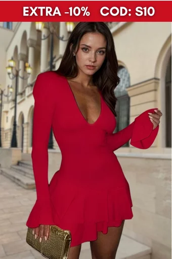 Rochie Scurta de Dama, din Crep Elastic, cu Volane si Maneci Lungi Tip Clopot, Jessica, Rosie