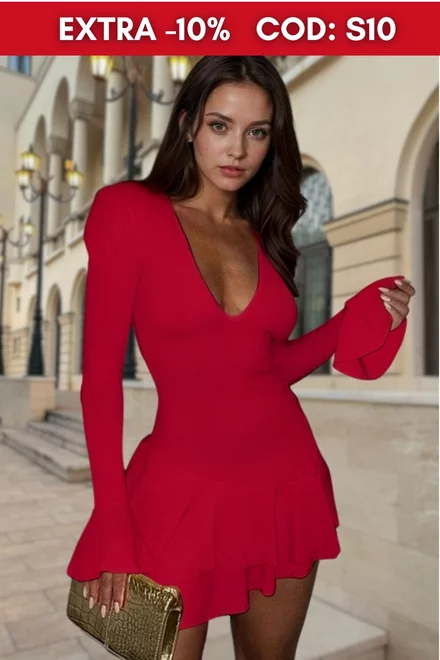 Rochie Scurta de Dama, din Crep Elastic, cu Volane si Maneci Lungi Tip Clopot, Jessica, Rosie