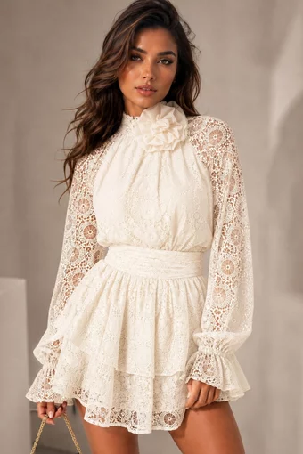 Rochie Scurta de Dama, din Dantela, Accesorizata cu Floare, Symple, Ivoire