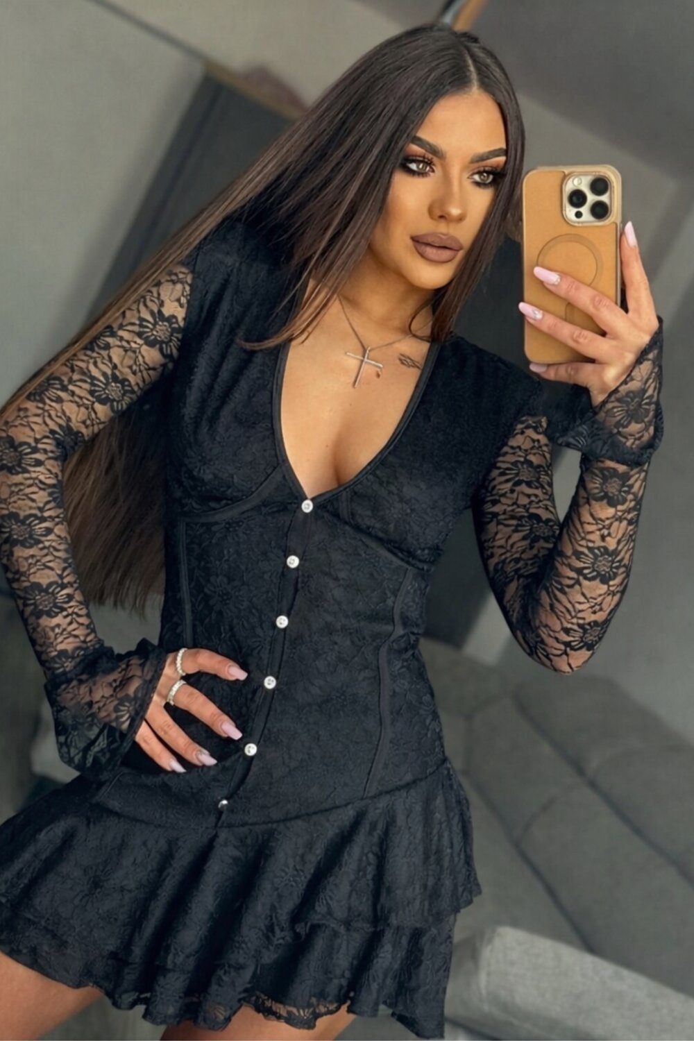 FOGGI Rochie Scurta De Dama, Din Dantela, Corset Bistrech, Dominique, Neagra