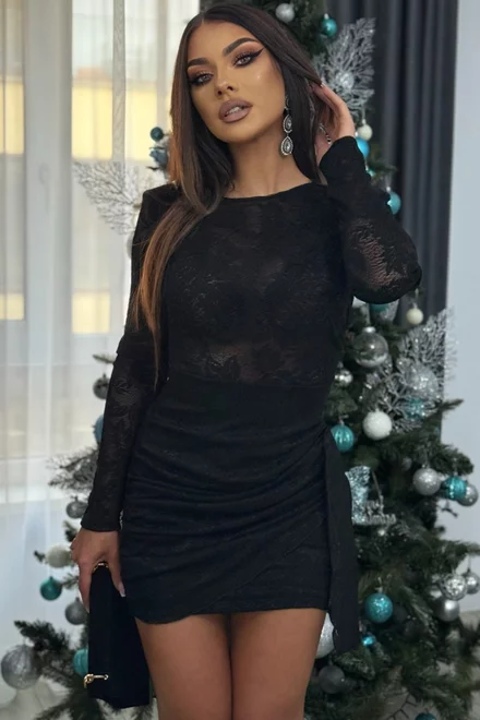  Rochie Scurta de Dama, din Dantela, cu Inchidere Fermoar si Maneci Lungi, Glimmer, Neagra