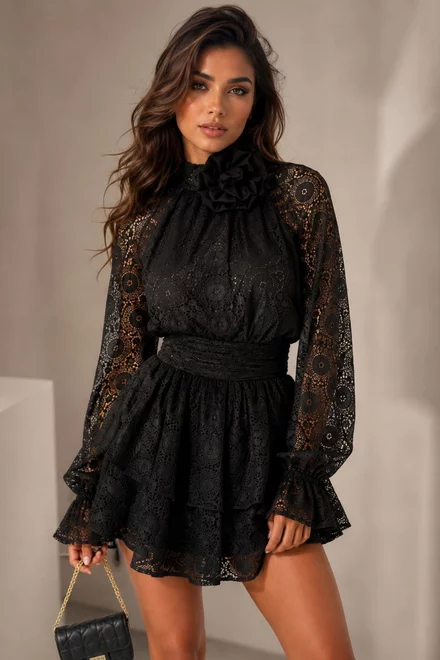 Rochie Scurta de Dama, din Dantela, cu Maneci Lungi si Accesorizata cu Floare, Irys, Neagra