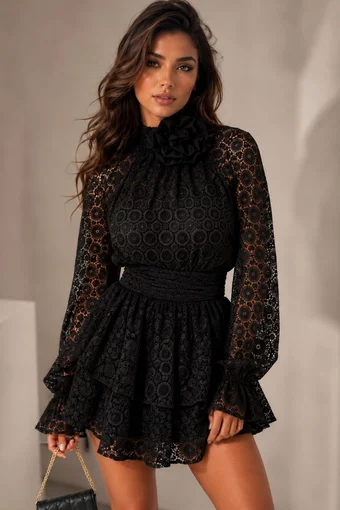 Rochie Scurta de Dama, din Dantela, cu Maneci Lungi si Accesorizata cu Floare, Irys, Neagra