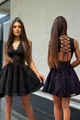 Rochie Scurta de Dama, din Dantela, cu Siret Reglabil la Spate, Flathershy, Neagra