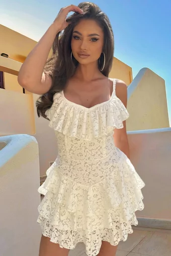 Rochie Scurta de Dama, din Dantela, in Bretele Subtiri, Glamorous, Ivoire