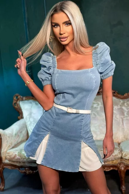Rochie Scurta de Dama din Denim, cu Poplin Alb, Maneci Scurte Bufante, Fara Curea, Squared, Albastru