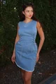 Rochie Scurta de Dama, din Jeans Moale, Fara Maneci, cu Snur Reglabil in Talie, Bloom, Albastra