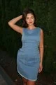 Rochie Scurta de Dama, din Jeans Moale, Fara Maneci, cu Snur Reglabil in Talie, Bloom, Albastra
