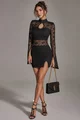 Rochie Scurta de Dama, din Lycra, Accesorizata cu Dantela, cu Maneci Lungi Crapate, Avalor, Negru