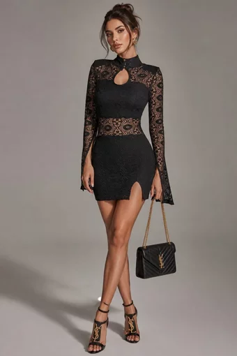 Rochie Scurta de Dama, din Lycra, Accesorizata cu Dantela, cu Maneci Lungi Crapate, Avalor, Negru