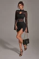 Rochie Scurta de Dama, din Lycra, Accesorizata cu Dantela, cu Maneci Lungi Crapate, Avalor, Negru