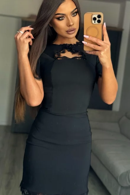 Rochie Scurta de Dama, din Lycra, Accesorizata cu Dantela Neagra, Casiophe, Neagra