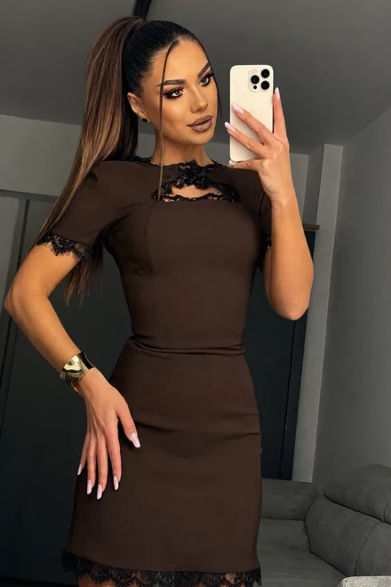 Rochie Scurta de Dama, din Lycra, Accesorizata cu Dantela Neagra, Zeffera, Maro Inchis