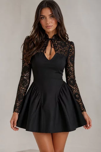 Rochie Scurta de Dama ,din Lycra , Accesorizata cu Dantela ,Sarah, Negru